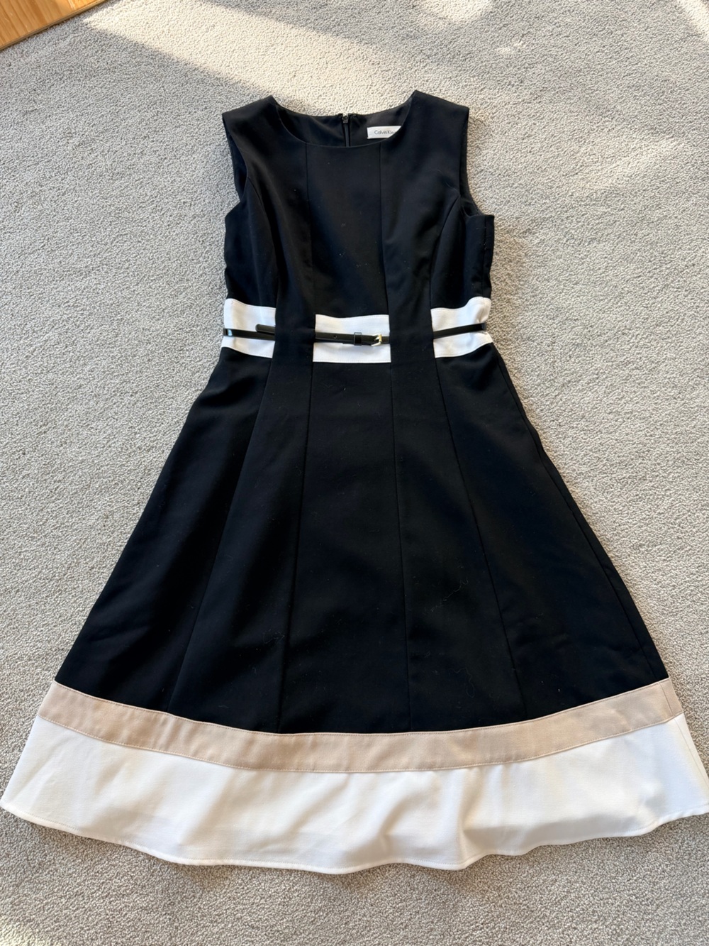 Calvin Klein Black A-Line Skirt with White and Tan Hem
